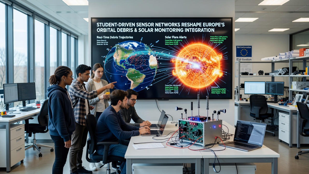 Student researchers reviewing integrated sensor data displays showing orbital debris tracks alongside solar activity graphs